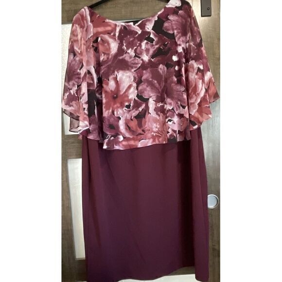 CONNECTED APPAREL Womens Burgundy Flora Cape Below The Knee Shift Dress Plus 20W - Picture 2 of 13